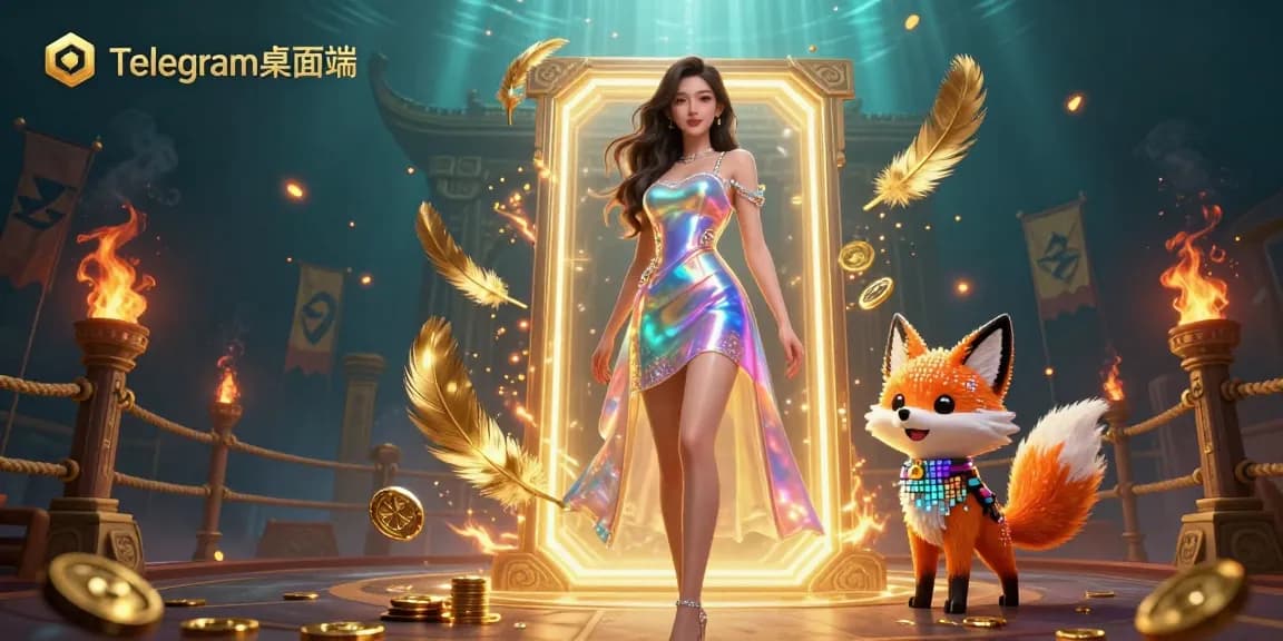 体验Telegram桌面端的兴奋，充满活力的赌场行动，展现了一位全息女性与色彩缤纷的数字狐狸，以及动态的游戏元素。