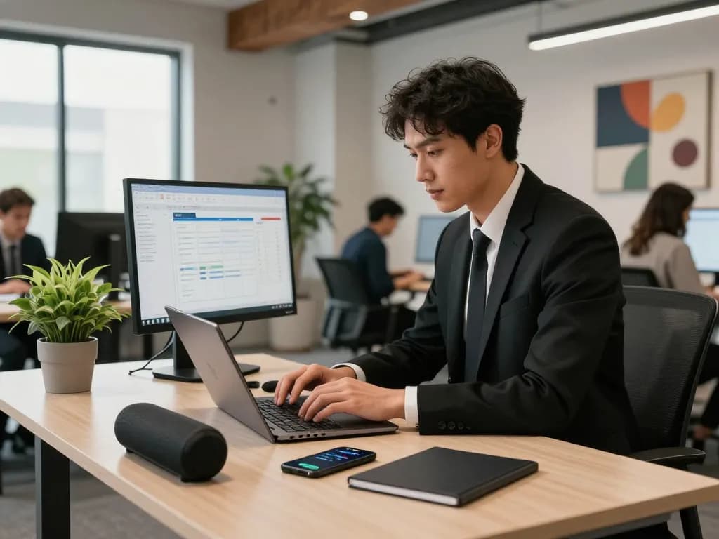 Professional workspace showcasing tech gadgets for productivity, featuring a busy desk with a laptop, monitor, and digital tools in a bright office environment.