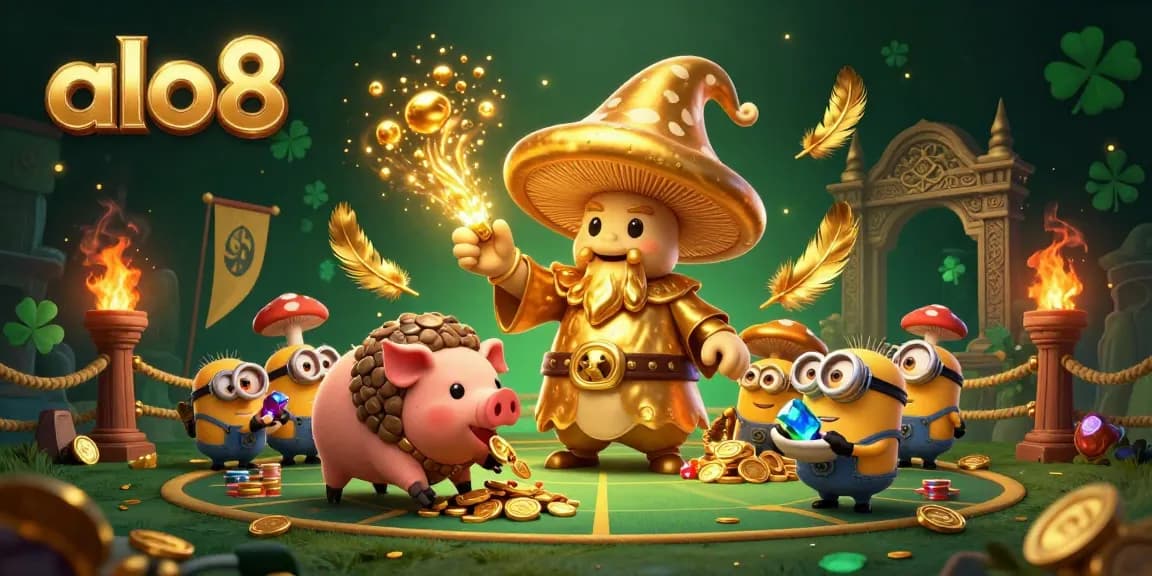 Experience the magic of alo8 with a golden wizard turning everything to gold amidst vibrant gambling elements.