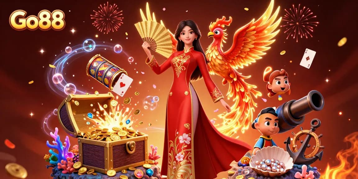 Engage with Go88's vibrant gambling scene featuring a beautiful woman and a phoenix surrounded by rich casino elements.