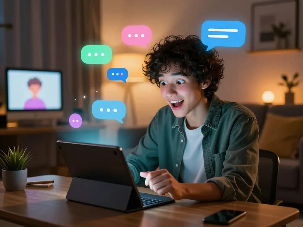 Interactive scene showcasing nsfw chat between user and AI character in a cozy, futuristic environment.