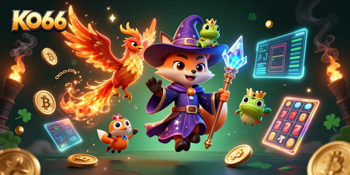 Engage in epic gaming adventures at KO66 with lively characters and vibrant casino elements.