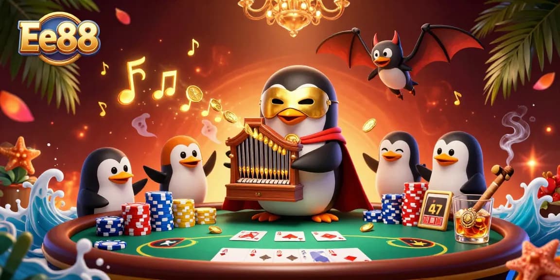 Play a thrilling game at Ee88 with a penguin organist and acrobat in a vibrant casino scene.