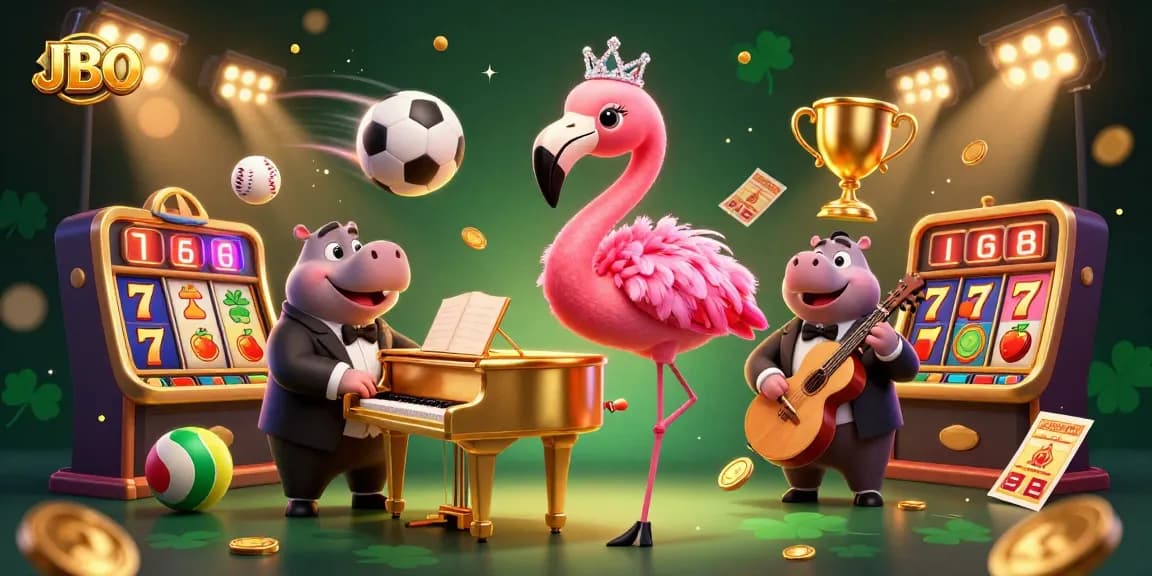 Experience JBO's vibrant casino atmosphere featuring a singer flamingo and bassist hippo in a colorful scene.