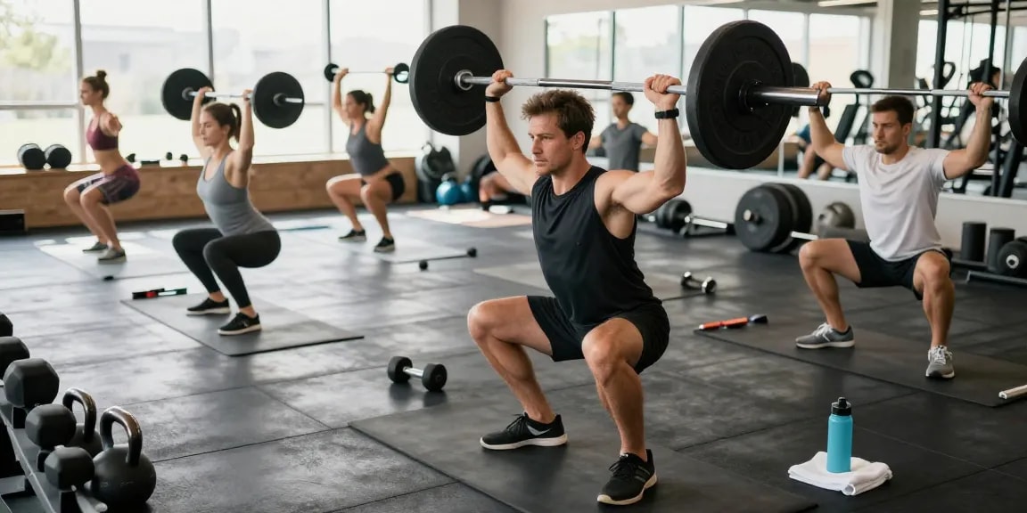 Esteroidesshop: Un hombre levantando pesas en un gimnasio moderno, rodeado de equipos de entrenamiento.