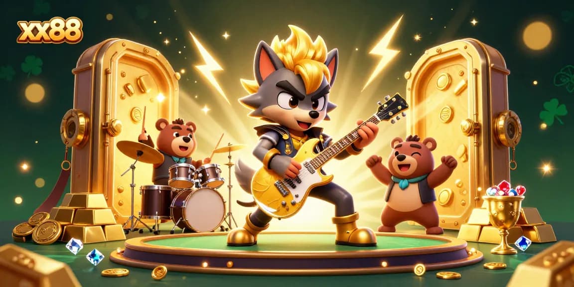 Experience thrilling gameplay at xx88 with a cartoon rock star wolf and drummer bear on a lively casino stage.