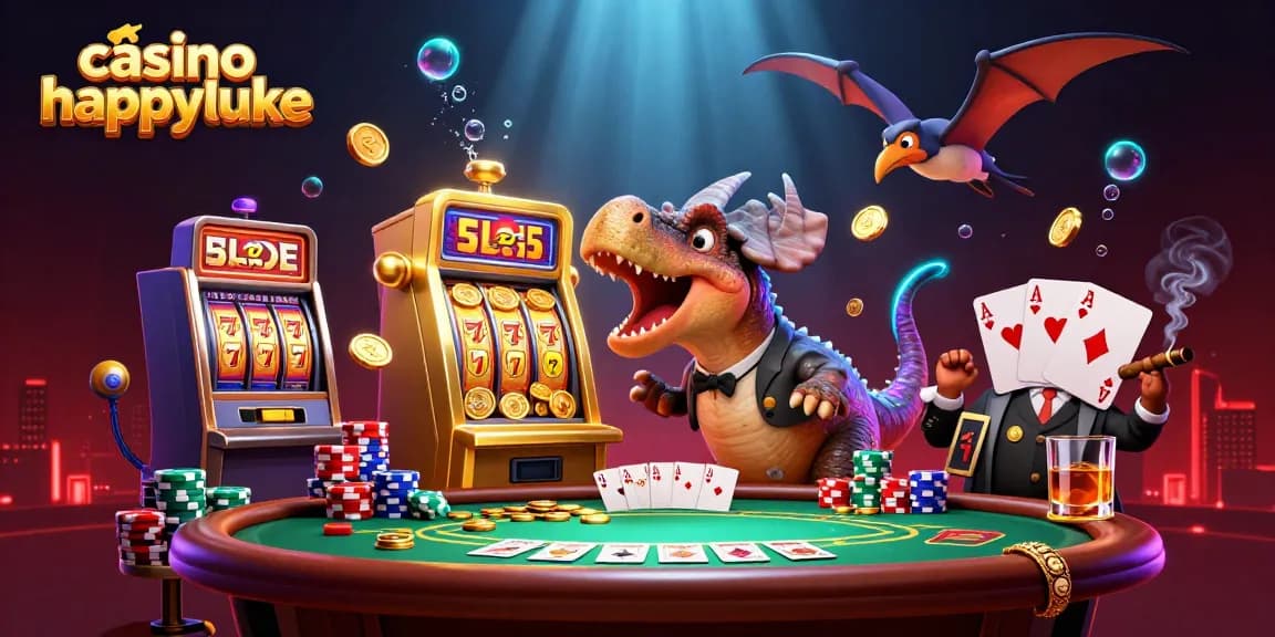 Casino Happyluke features a dramatic 3D scene with a dinosaur and a casino manager celebrating jackpot wins.