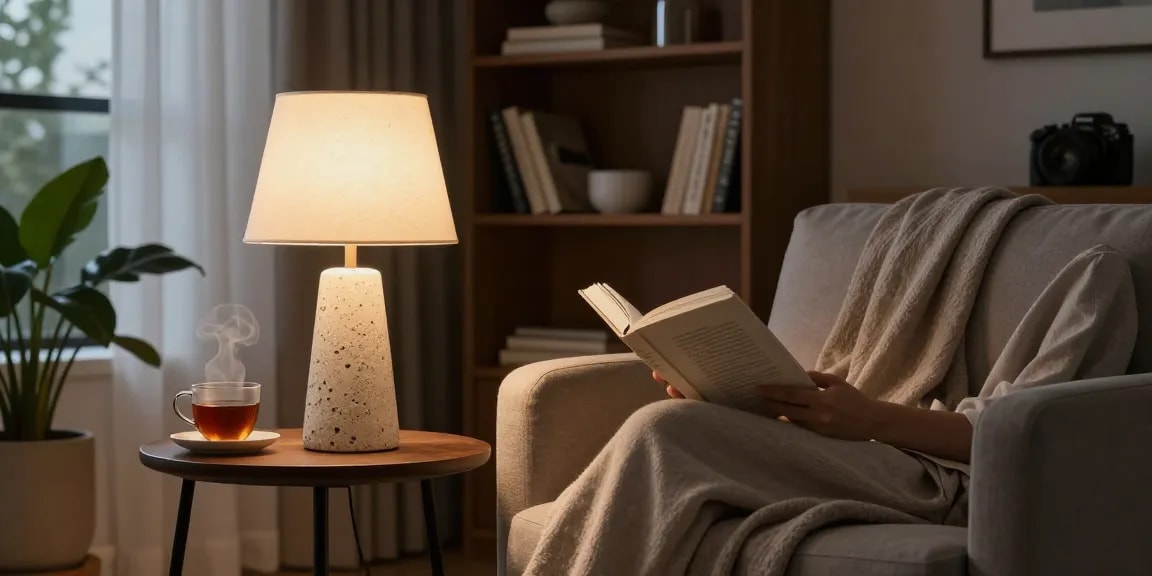 Lampara mesa piedra elegante iluminando un acogedor rincón de lectura con una atmósfera cálida.