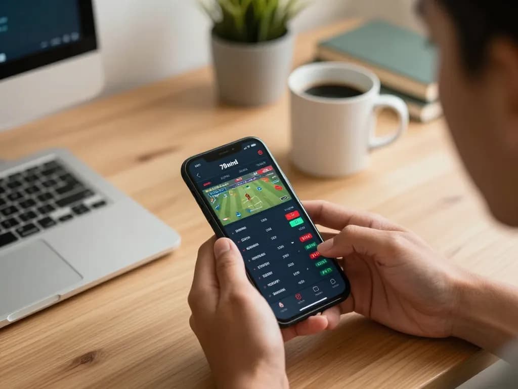 Engaging in live betting on 78wind smartphone app amidst a cozy home office setting.