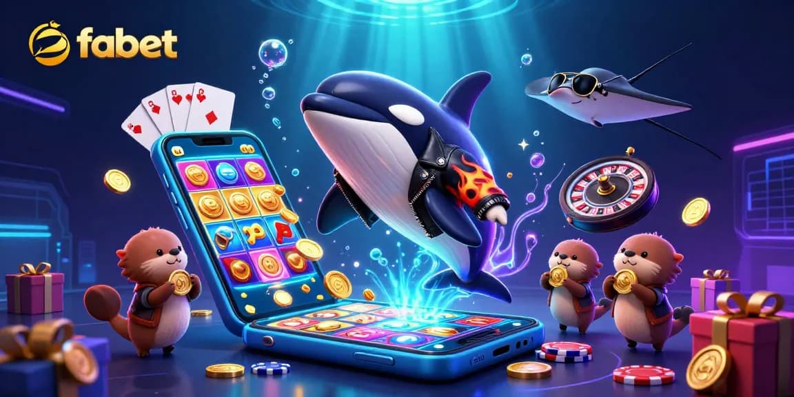 Experience fabet's casino thrill with a cartoon orca, stingray, and otters in a vibrant gaming scene.