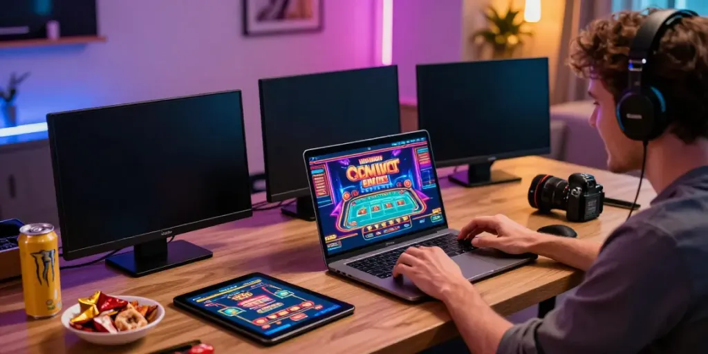 Online gambling player enjoying games on https://fc88v1.com/ with vibrant graphics and cozy atmosphere.
