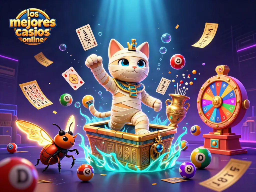 Gana en los mejores casinos online con una atractiva ilustración de un gato momia egipcio y elementos de juego