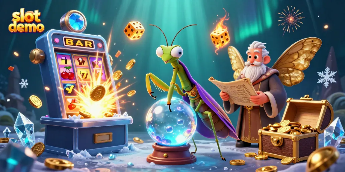 Slot demo yang menampilkan mantis peramal bersama mesin slot 3D dan efek koin berkilau.