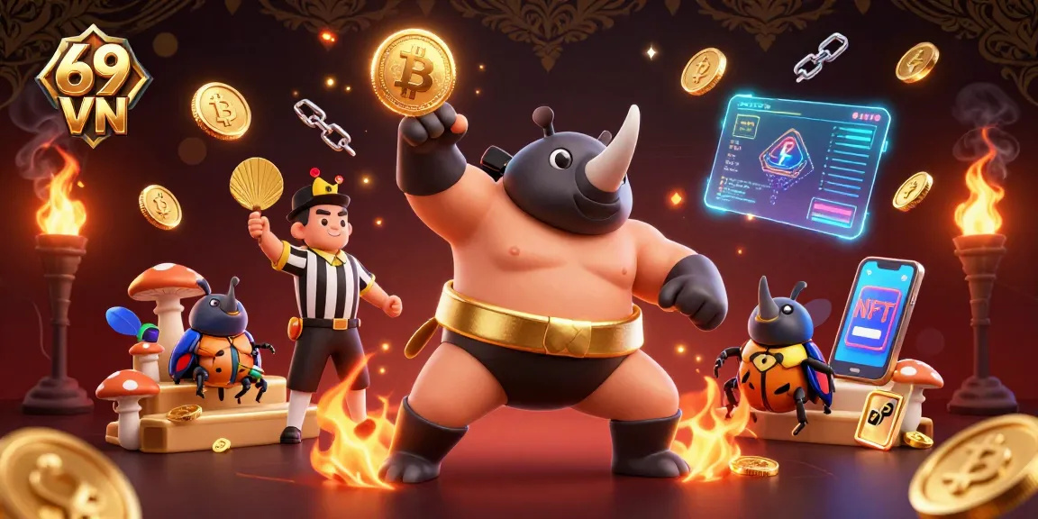 Experience thrilling gameplay at 69 VN with a cartoon beetle champion celebrating winnings amidst flying coins.