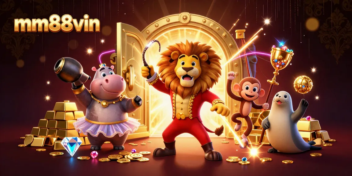 Win big at mm88vin's online casino with exciting characters like a lion and hippo in action.