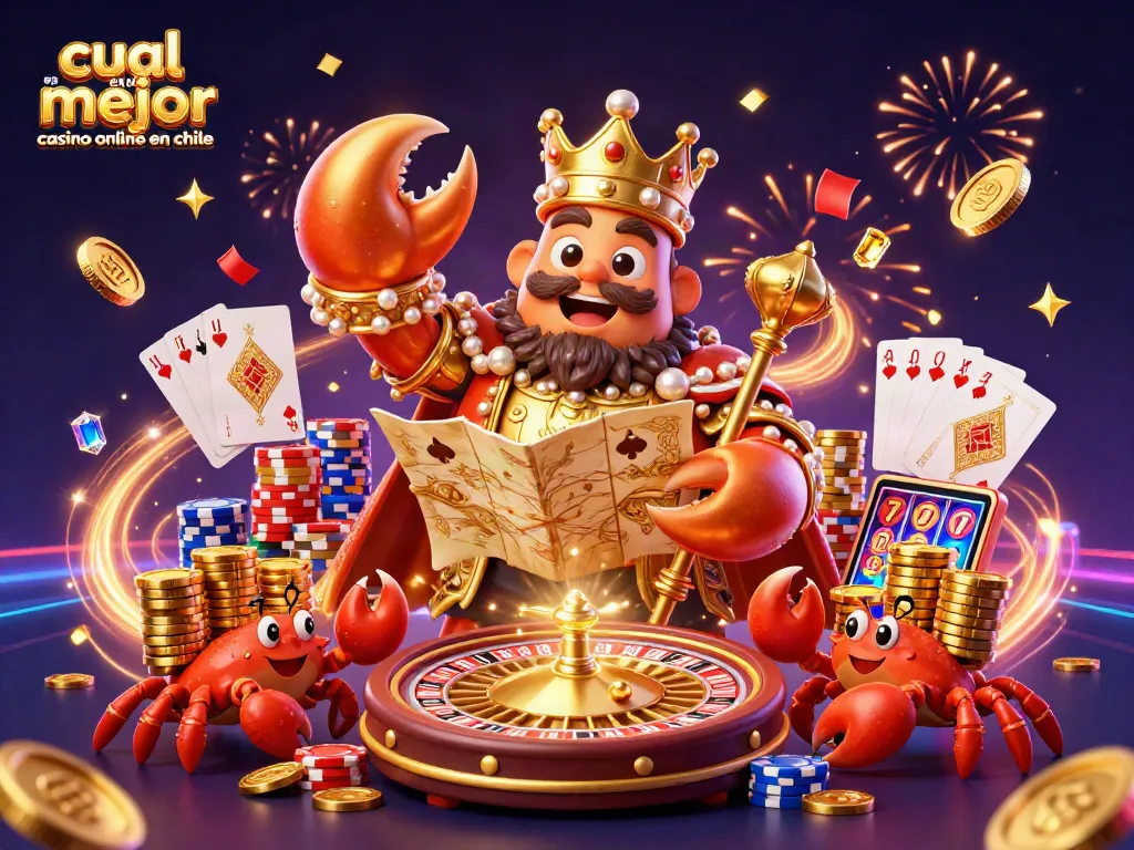 Una escena vibrante de "cuál es el mejor casino online en Chile" con un cangrejo dorado y elementos de juego en 3D.