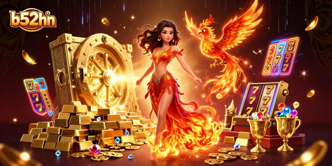Experience the thrill of b52hn with vibrant slot reels and a captivating fire phoenix.