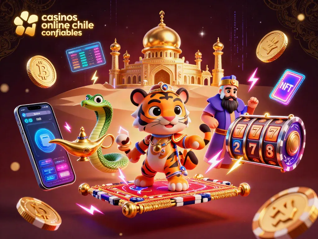 Visualiza los casinos online chilenos confiables en una ilustración dinámica de un sultán tigre y símbolos de juego.