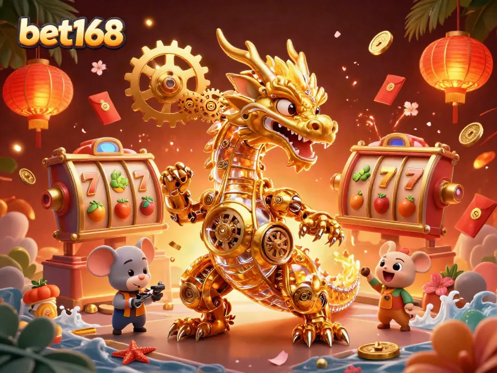Experience exhilarating gaming moments at bet168 with a golden dragon amidst slot reels and vibrant casino elements.