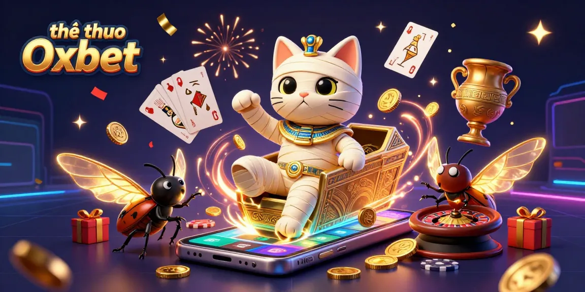 Engage in thể thao Oxbet with a dynamic scene of betting elements, a mummy cat, and a scarab beetle.