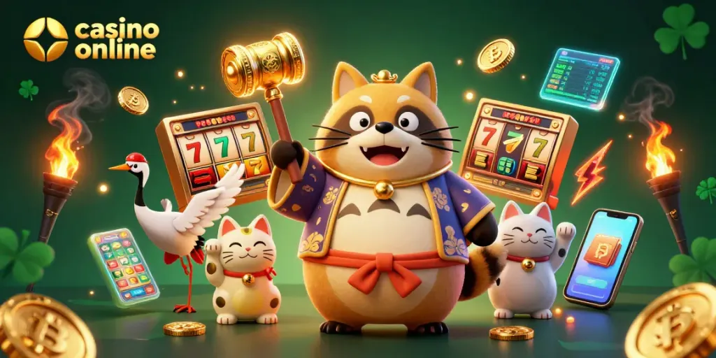 Juego en un casino online con tragamonedas y monedas de Bitcoin rodeados de personajes divertidos.