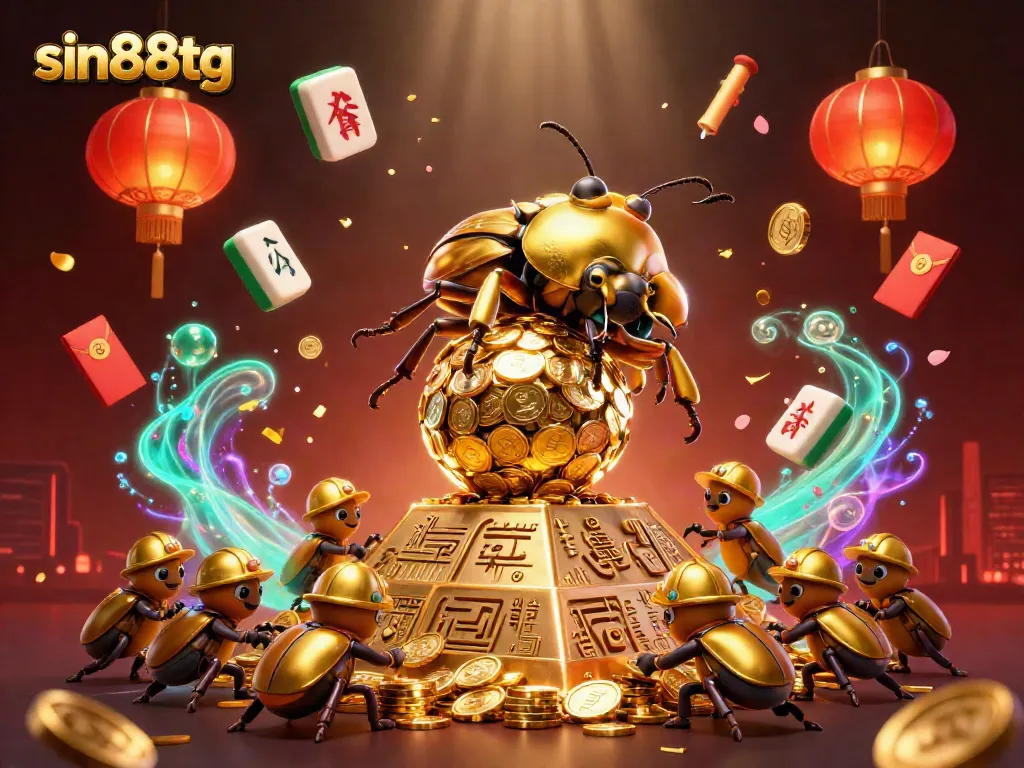 Engage in thrilling gaming with sin88tg as the golden beetle rolls a jackpot of coins.