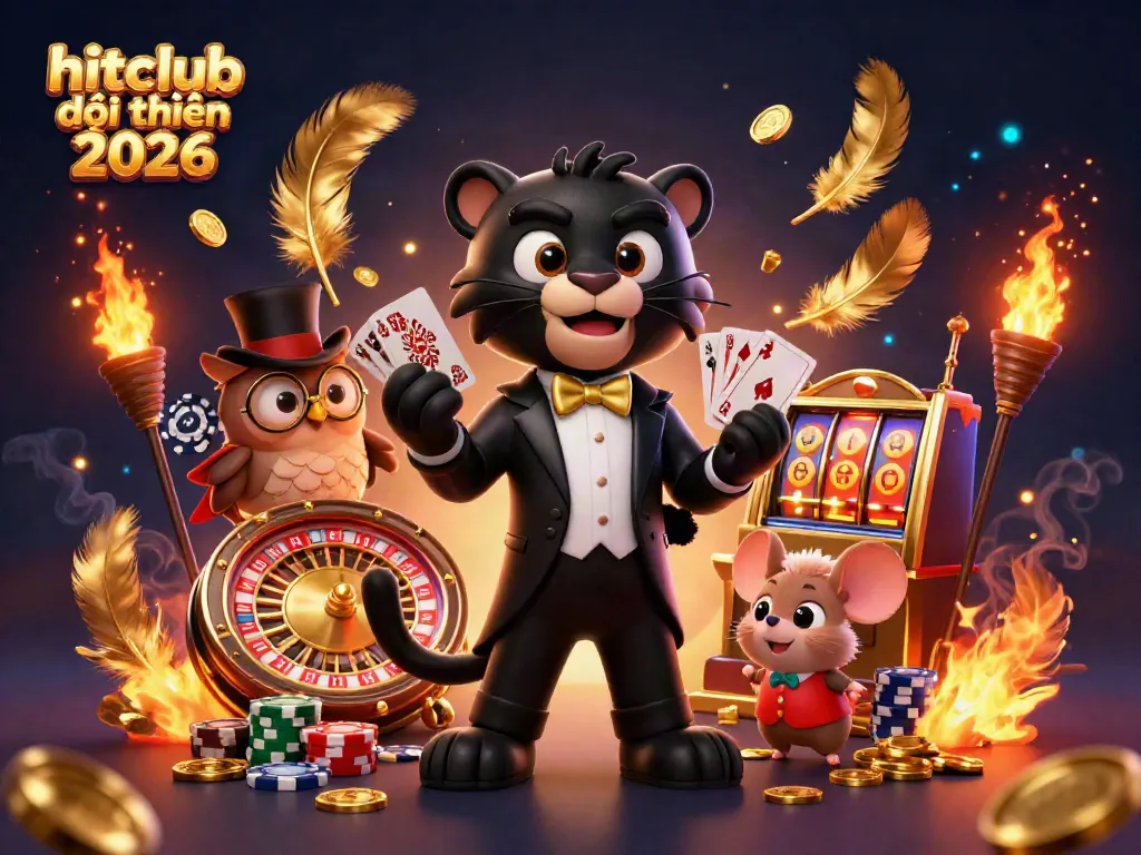 Experience the excitement of hitclub đổi thưởng 2026 with vibrant casino characters dealing cards and celebrating wins.