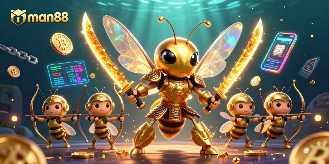 Experience thrilling wins with man88 at this vibrant 3D casino-themed illustration featuring dynamic character action.