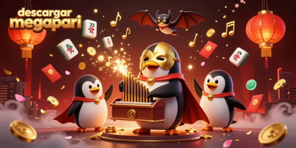 Descargar Megapari con un pingüino fantasma y monedas de oro en una escena vibrante de casino.