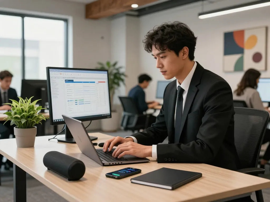 Professional workspace showcasing tech gadgets for productivity, featuring a busy desk with a laptop, monitor, and digital tools in a bright office environment.