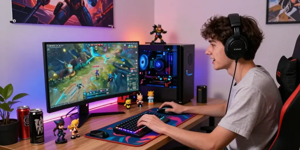 rokok88 alternatif gaming lifestyle scene featuring immersive gaming setup