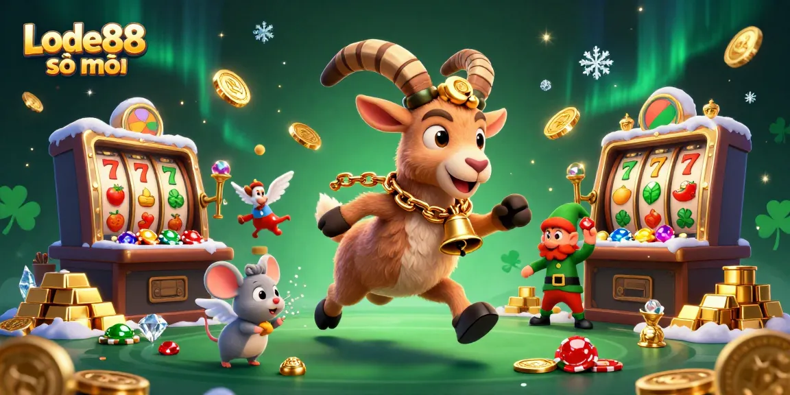 Lode88 sổ mơ showcases a lively 3D scene with Krampus, angel mouse, and elf gremlins in a casino environment.