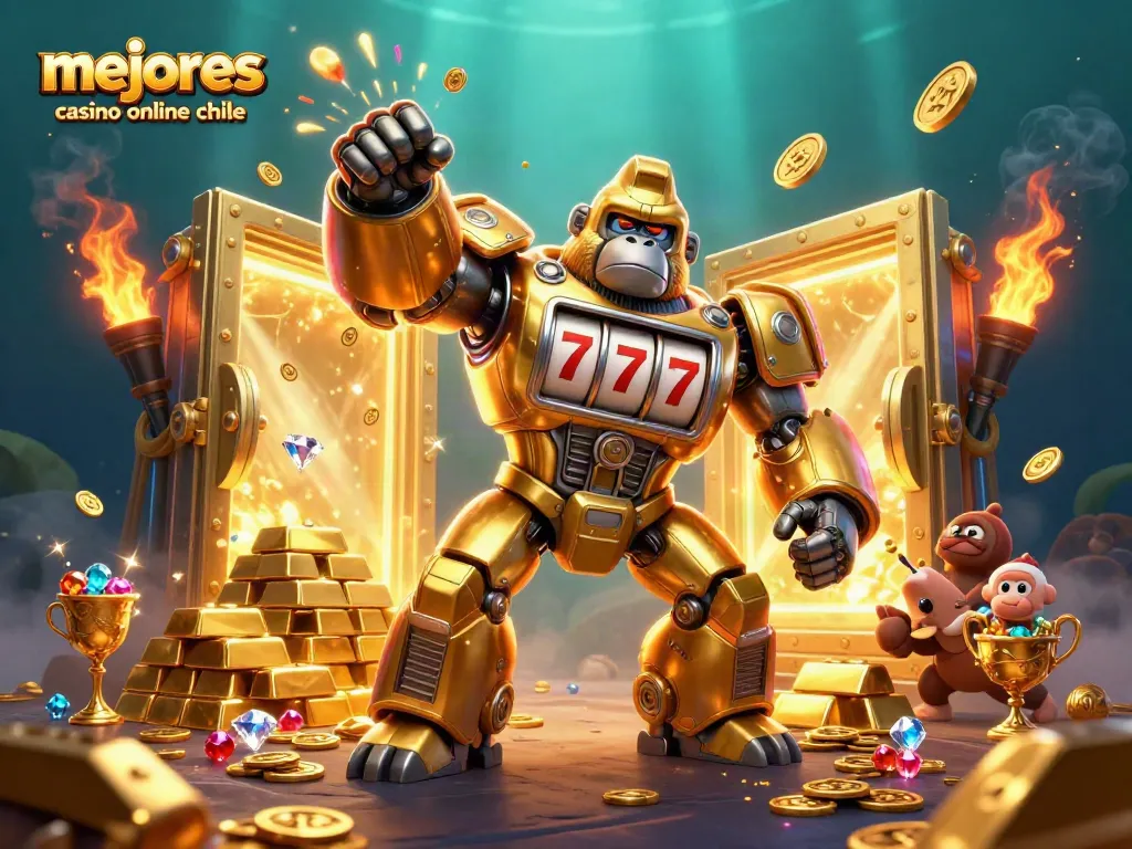 Ilustración dinámica sobre los mejores casinos online en Chile, revelando un gorila mecánico dorado impactando en un entorno lleno de tesoros.