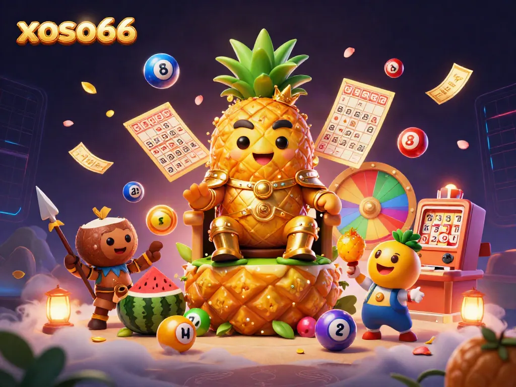 Experience the vibrant world of xoso66 with a golden pineapple king and colorful lottery elements.
