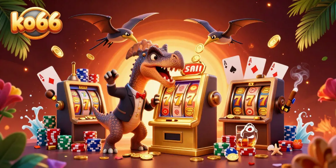 ko66 enhances wins with a vibrant 3D scene of a pachycephalosaurus and slot machine, showcasing excitement.