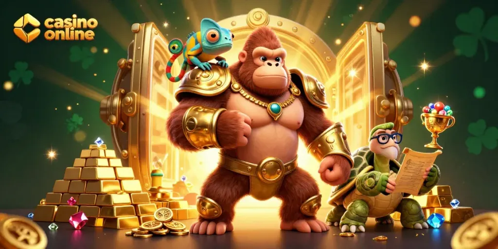 Gana en casino online rodeado de tesoros brillantes y personajes de juego animados.