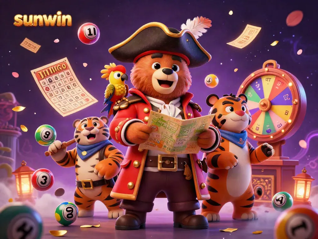 Experience the thrilling sunwin adventure in a vibrant, dynamic 3D gaming illustration showcasing a pirate bear and friends.