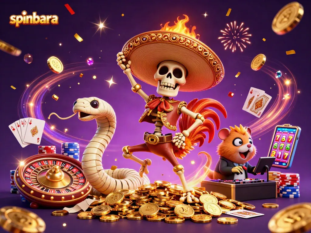 Spinbara shows a vibrant victory scene with a mariachi rooster and golden coins in an energetic casino celebration.