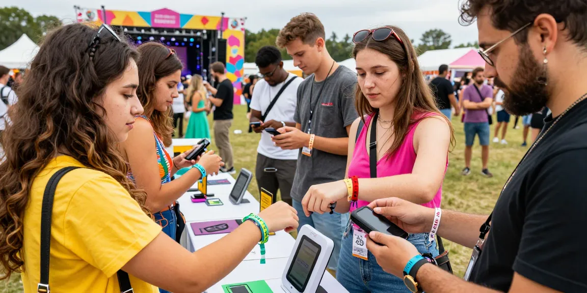 Festival attendees using pulseras electrónicas para eventos for seamless access and payments