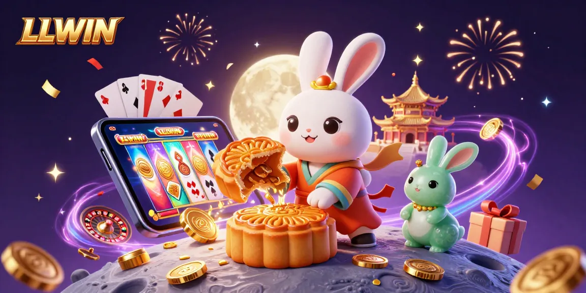 LLWIN features a vibrant casino scene with a moon rabbit and poker elements in 3D illustration.