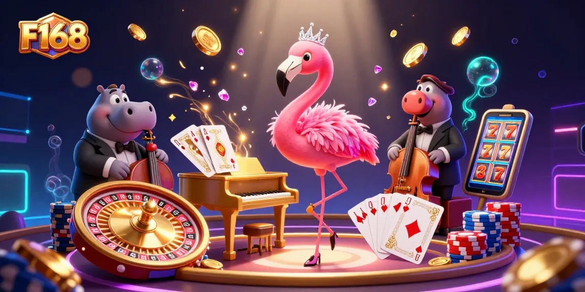 Win big with F168 in this vibrant 3D casino scene featuring lively characters and dynamic game elements.