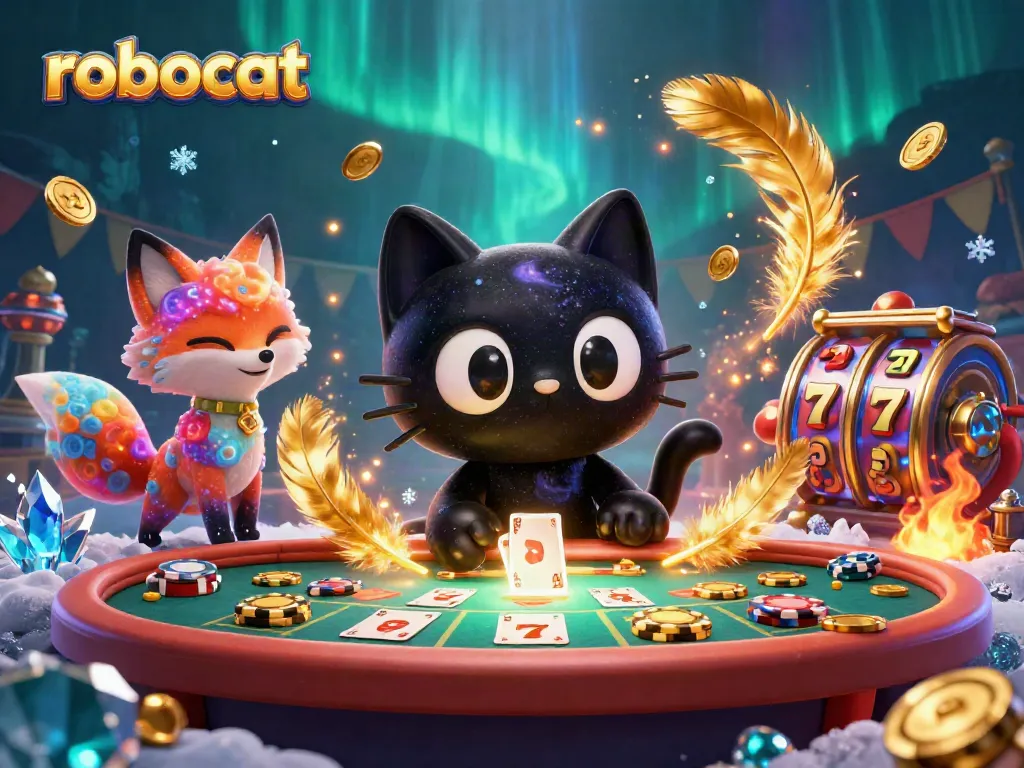 Robocat casino themed illustration where a black hole cat collects gaming chips and cards, showcasing vibrant gambling elements.