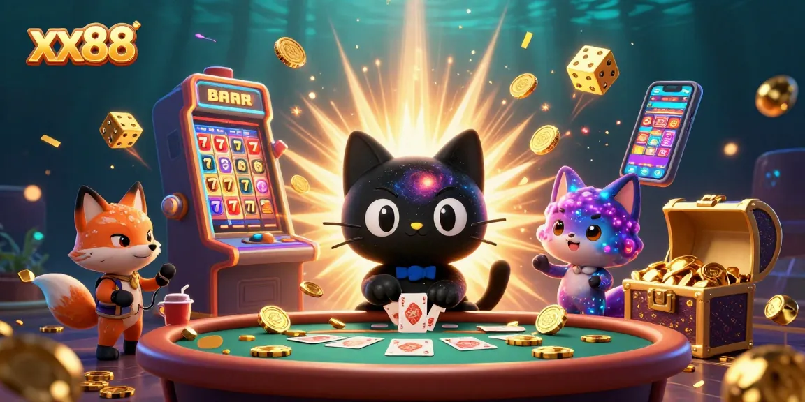 Experience thrilling gaming at xx88 with a cosmic cat pulling in winnings from a slot machine.