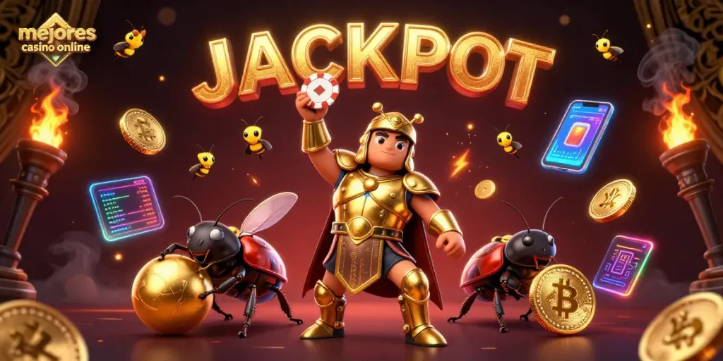 Gana en los mejores casinos online mientras juegas con un héroe y sus amigos en una ilustración vibrante.