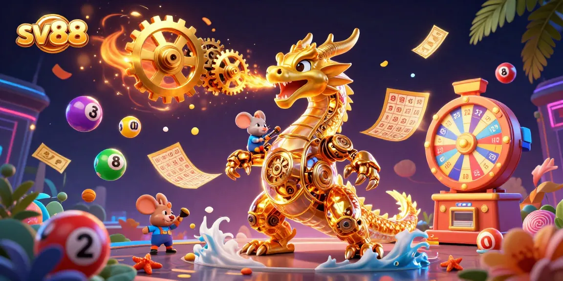 Engage with sv88's thrilling gaming universe featuring a biomechanical dragon surrounded by lottery elements.