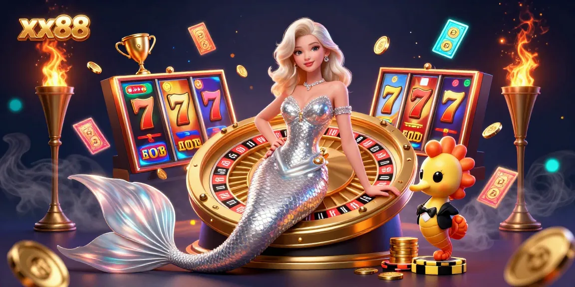 Win big at xx88 with stunning slots and a sparkling roulette wheel illustration, showcasing casino excitement.