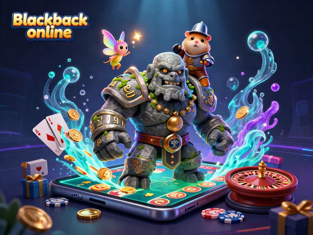 Disfruta el blackjack online con esta ilustración de un golem, una hada y un caballero, todo en un ambiente mágico.