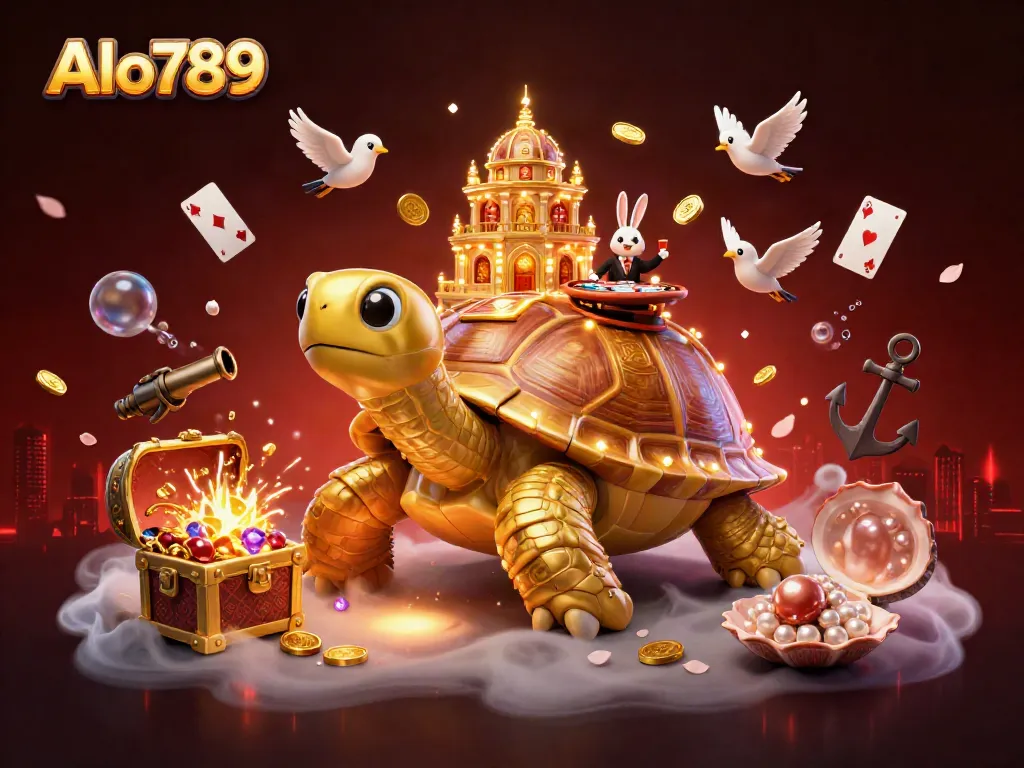 Alo789 brings excitement with a golden tortoise casino and a rabbit dealer showcasing immersive gaming elements.