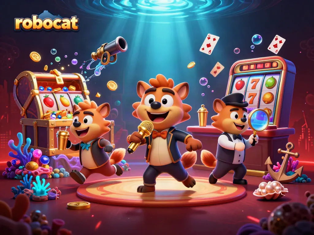 Enjoy a thrilling robocat casino scene with lively hyenas, jackpot slots, and exciting game elements.
