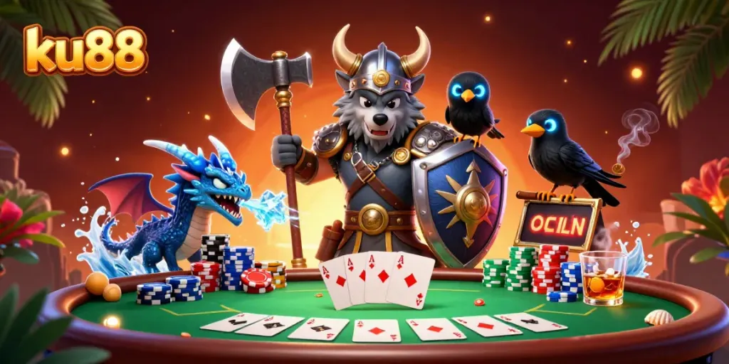 Engage in thrilling battles at ku88 with a Viking warrior and dragon amidst vibrant casino elements.